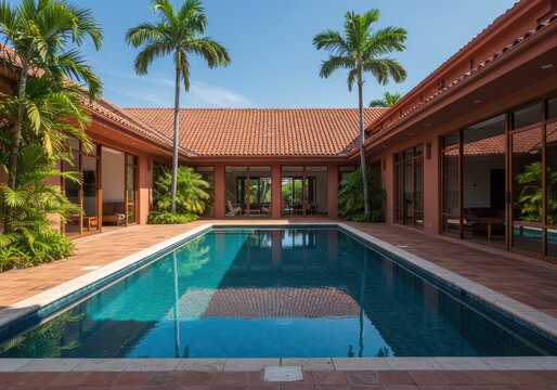 Courtyard with swimming pool and terracotta house under a clear blue sky
