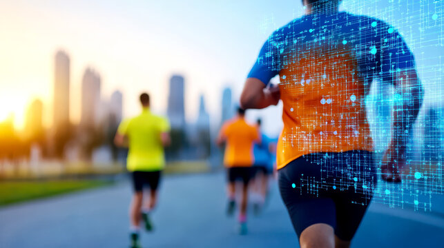 Runners on a city road at sunrise, with digital graphics overlaying one athlete, symbolizing technology in sports and fitness.