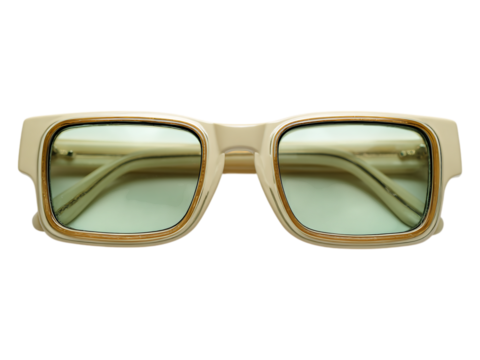 Close up of rectangular sunglasses with green tinted lenses