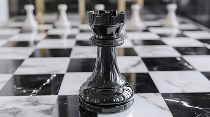 High-end chess set, featuring a rook piece centered on a glossy marble chessboard, with mirror details reflecting the sleek black and white tones
