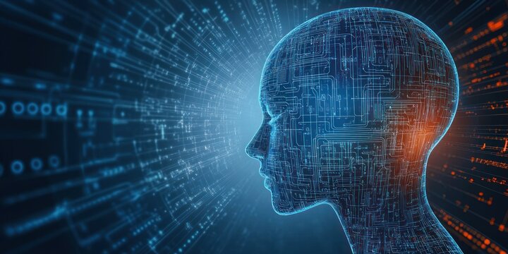Futuristic digital human head profile with glowing circuitry and data streams symbolizing artificial intelligence and technology
