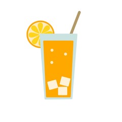 A refreshing orange juice illustration with ice cubes and a citrus slice, served in a tall glass with a straw for summer theme design