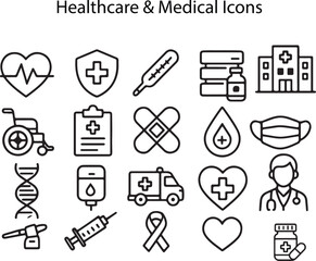 Healthcare & Medical Icon Set – Hospital, Clinic, Wellness & Medicine Symbols Vector