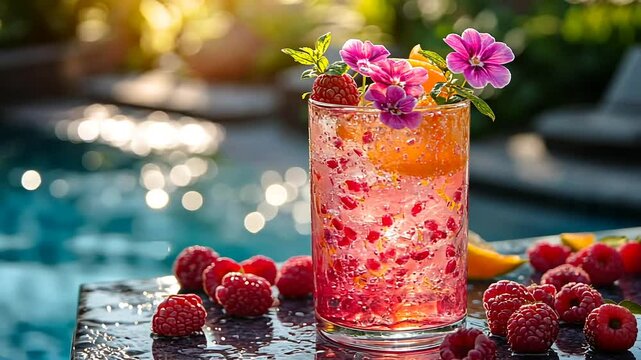 Refreshing raspberry drink with flowers by poolside