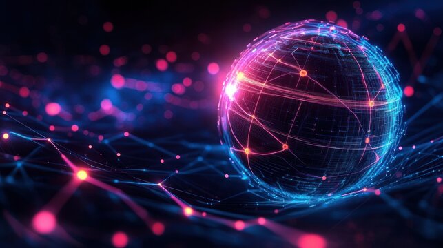 Glowing digital network sphere with interconnected bright nodes and lines against dark futuristic background conveying technology and connectivity
