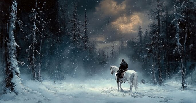 A lone rider on a white horse in a snowy forest at night under a cloudy, moonlit sky creating a mysterious and tranquil atmosphere