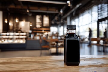 Same setting but focus on the cold brew bottle with blurred background, highlighting packaging and label mockup. 