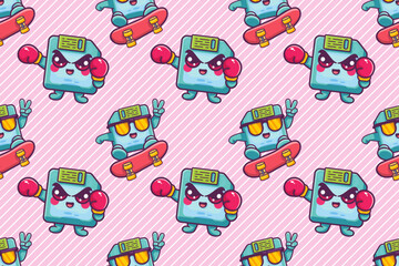 happy floppy disk character seamless pattern illustration background