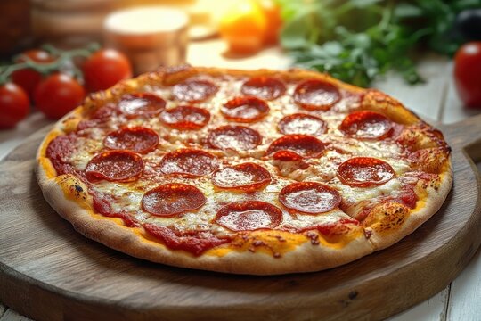Freshly baked pepperoni pizza on a wooden serving board with melted cheese and tomato sauce, surrounded by fresh tomatoes and herbs in a cozy kitchen setting