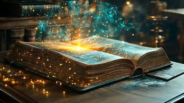 An open book with magical energy emanating from its pages in a library setting