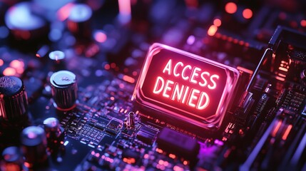 A microscopic firewall displaying "ACCESS DENIED" in neon lights