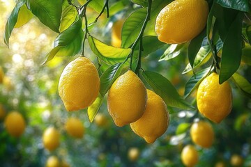 Bright ripe yellow lemons growing on lush green leafy branches in a sunlit garden environment