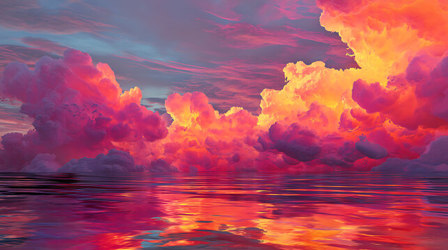 Concept of irregular neon sunset clouds and wavy sea breeze