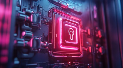 A microscopic encrypted vault with a neon biometric lock 