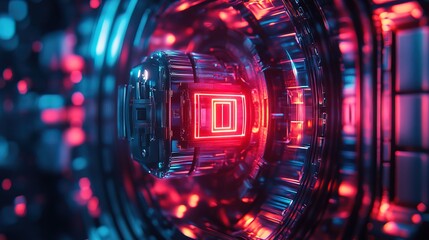 A microscopic encrypted vault with a neon biometric lock 