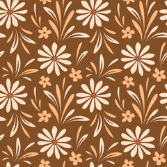 Retro 70s floral seamless vector pattern with daisy flowers on brown background