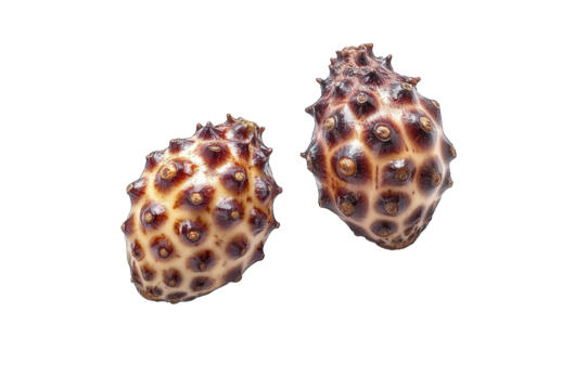 Two small, textured seashells, light beige with dark brown spots and bumps, isolated against black