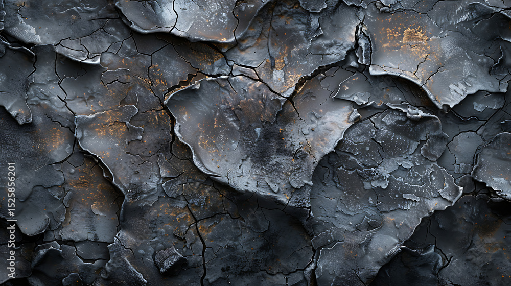 Poster a closeup of a heavily textured surface with deep cracks and crevices, featuring a mix of dark grays