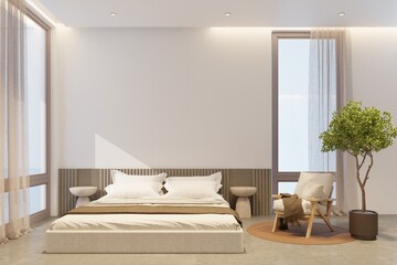 A minimalist white bedroom with a lounge chair next to the bed and a plant pot on the polished concrete floor.3d render