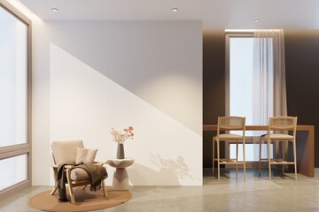 A minimalist white living room with blank white walls, a lounge chair on a carpet, and a high table and chairs next to the brown wall.3d render