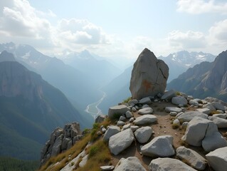 Rock, stoic and commanding, looks down on the landscape. Valley, mountain rocky landscape.