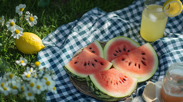 Summer picnic scene with watermelon slices lemonade flowers and a checkered picnic blanket on the green grass