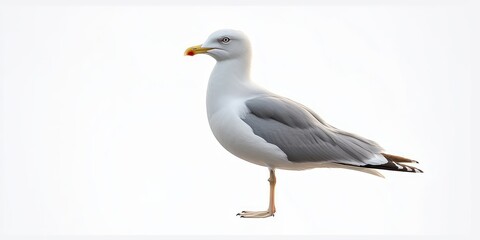 Obraz premium Side profile of a calm seagull standing on one leg isolated against a white background