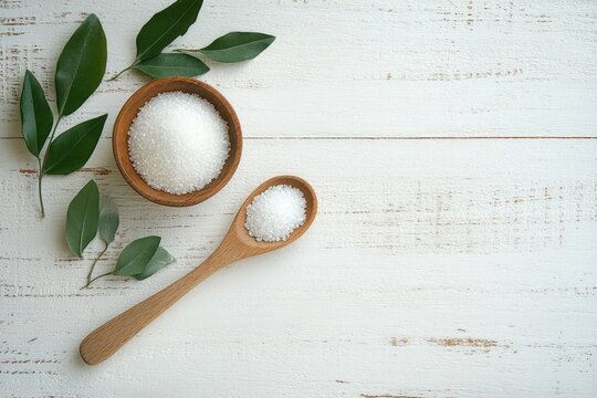 Coarse white salt crystals in a wooden bowl and spoon on a white rustic wooden surface with fresh green leaves scattered around - Powered by Adobe