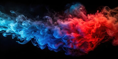 Dark smoke on black background with vibrant red and blue colors swirling together in an abstract pattern