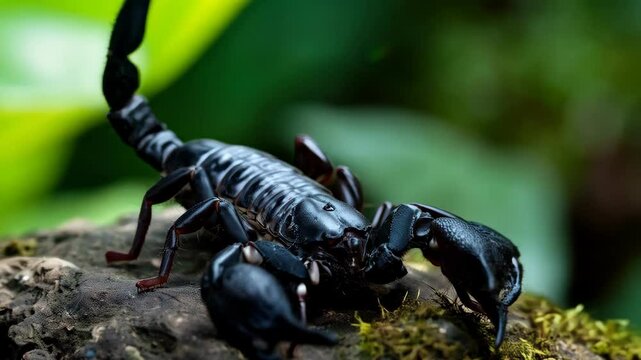 Large black scorpion crawling on a mossy rock in the forest, ready to strike with its stinger, a close-up capture.