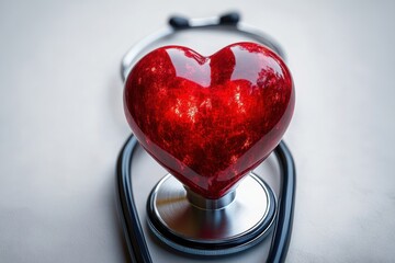 shiny red heart on a stethoscope symbolizing heart health and medical care on a white surface with soft natural reflections