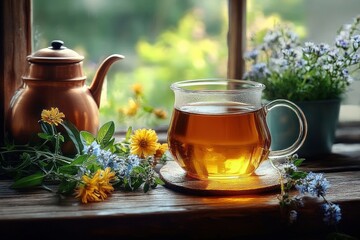 Clear glass cup of warm herbal tea on wooden surface next to copper teapot and fresh yellow and blue wildflowers by window with soft natural light