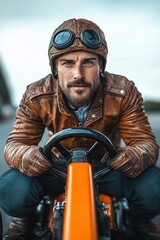 Confident man wearing vintage leather jacket, gloves, and aviator goggles driving an orange go-kart outdoors with determined expression