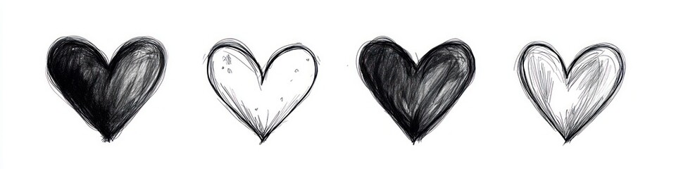 Four hand-drawn hearts alternating between dark shaded and light shaded with sketchy lines showing contrast and simplicity