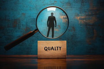 Silhouette of a man standing behind a wooden block with the word 'Quality' misspelled, viewed through a large magnifying glass against a textured blue background, symbolizing scrutiny and evaluation