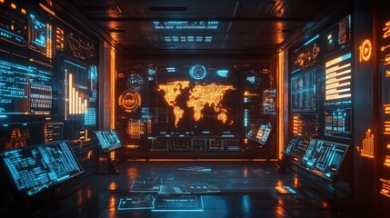 A high-tech office with glowing digital dashboards tracking global trade