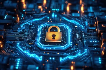 Close-up of a glowing digital padlock icon on a futuristic blue circuit board symbolizing cybersecurity and data protection technology