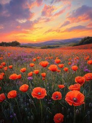 Vibrant field of orange poppies and violet wildflowers under a colorful sunset sky with scattered clouds over rolling hills
