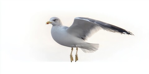 A seagull flying with wings spread wide in a minimalistic white background, showing detailed feathers and calm focused expression
