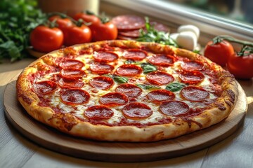 Freshly baked pepperoni pizza on a wooden serving board with visible melted cheese, tomato sauce, and basil leaves surrounded by ripe tomatoes, mozzarella, and greens on a wooden table