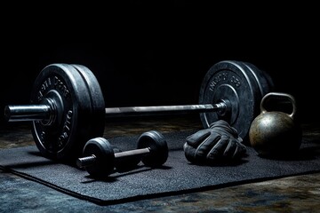 Dark and moody gym setup with heavy barbell, dumbbell, kettlebell, and workout gloves on textured exercise mat