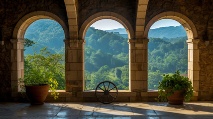 Obraz premium A panoramic architectural photograph of three arched stone windows in a rustic stone building, looking out over a lush mountain landscape