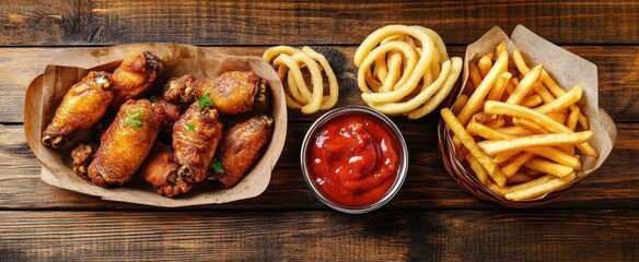 crispy golden fried chicken wings served with curly fries, regular french fries, and a side of ketchup on a wooden table