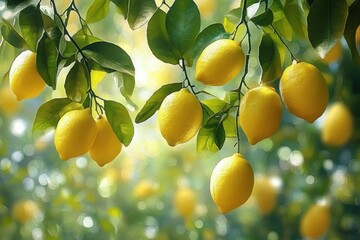 Bright ripe yellow lemons hanging from lush green branches with soft sunlight filtering through leaves in a natural outdoor setting