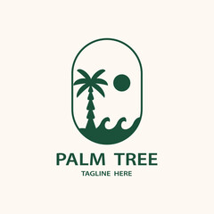 Palm Tree Vintage Logo Design, Logo Palm Tree illustration, Luxury Palm Tree Logo Vector, Sun, Palm Tree, Wave Abstract Summer and Vacation Badge.