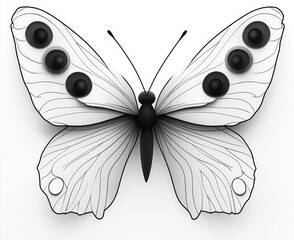 Monochrome butterfly with translucent wings featuring prominent circular eye spots and delicate vein patterns on a white background