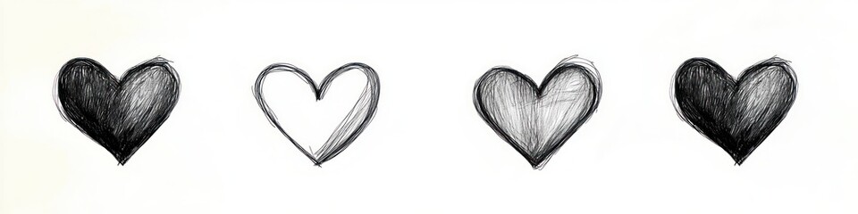 Four hand-drawn black and white heart shapes with rough sketch lines on a plain white background conveying simplicity and contrast