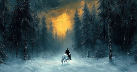 A lone rider on a white horse travels through a snowy forest under a misty sky with a glowing golden light breaking through tall dark trees
