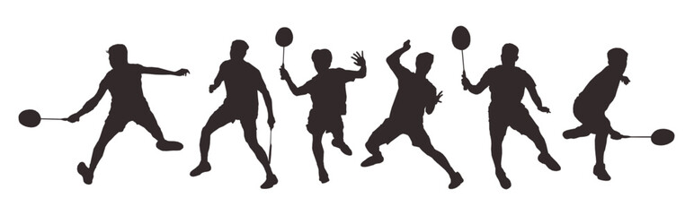 set of silhouettes of athletes or male badminton players. isolated on white background. graphic vector illustration