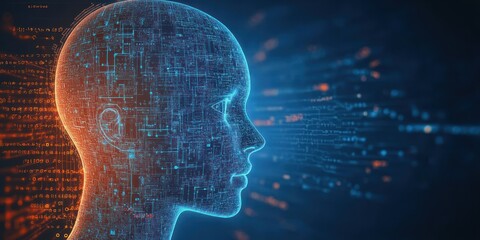Digital human head profile composed of glowing blue circuits with streams of orange and blue binary data, symbolizing futuristic technology and artificial intelligence